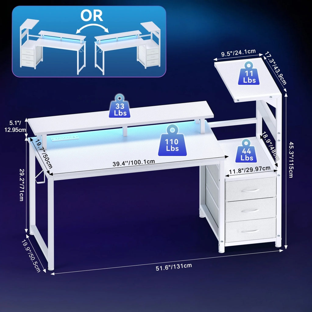52-inch Gaming Table With Drawers And 3 Fabric Drawers, Equipped With USB Ports And LED Lights For The Computer Desk