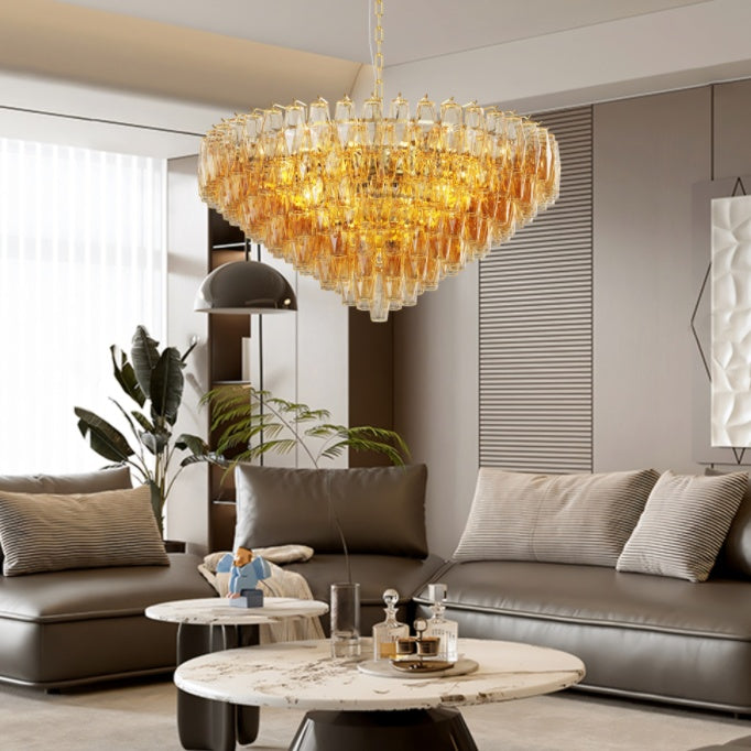 37 Extra Large Chandelier, 14-Light Gold Modern Round Chandelier For Living Room, Tiered Smoke Blown Glass Brass Chandeliers, Hanging Light Fixture For Bedroom, Dining Room, Foyer, Entryway