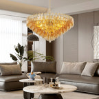 37 Extra Large Chandelier, 14-Light Gold Modern Round Chandelier For Living Room, Tiered Smoke Blown Glass Brass Chandeliers, Hanging Light Fixture For Bedroom, Dining Room, Foyer, Entryway