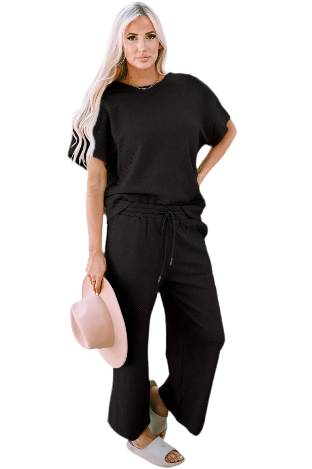 Double Take Full Size Texture Short Sleeve Top and Pants Set