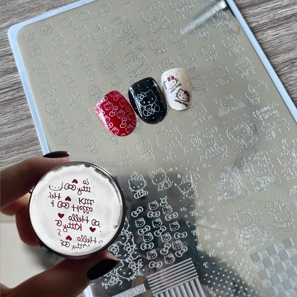 5D dibujos animados Hello kitty Nail Art placa de estampado pegatina lindo arco Kitty diseño grande plantilla de sello de impresión inoxidable herramientas de uñas - VibraStore