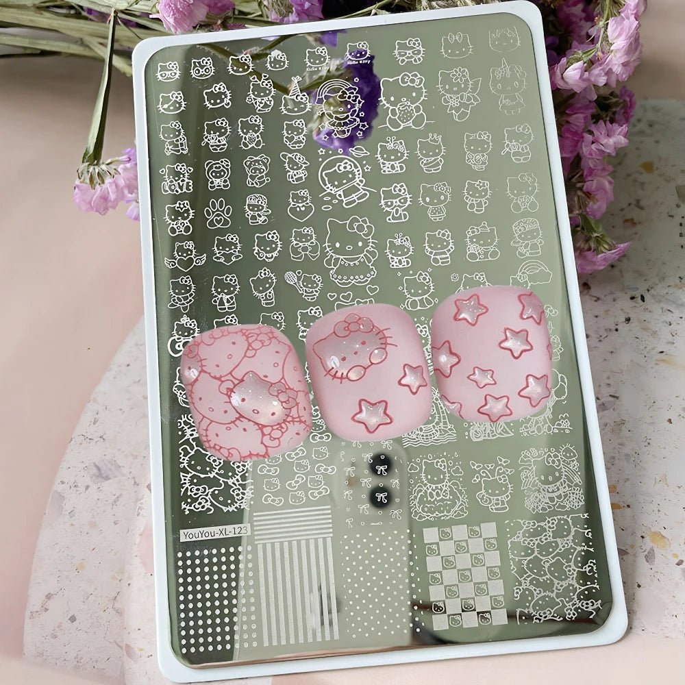 5D dibujos animados Hello kitty Nail Art placa de estampado pegatina lindo arco Kitty diseño grande plantilla de sello de impresión inoxidable herramientas de uñas - VibraStore