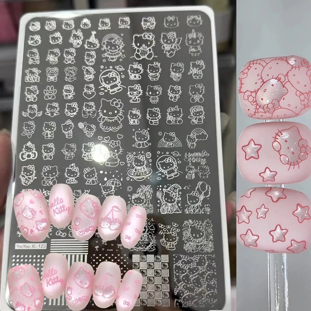 5D dibujos animados Hello kitty Nail Art placa de estampado pegatina lindo arco Kitty diseño grande plantilla de sello de impresión inoxidable herramientas de uñas - VibraStore