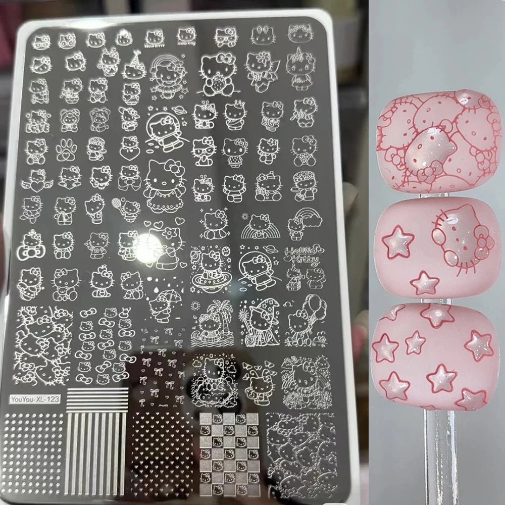 5D dibujos animados Hello kitty Nail Art placa de estampado pegatina lindo arco Kitty diseño grande plantilla de sello de impresión inoxidable herramientas de uñas - VibraStore
