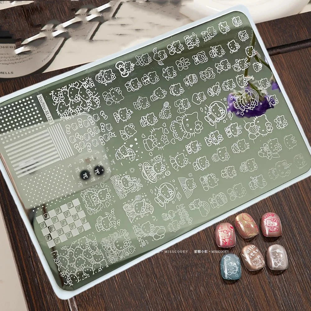 5D dibujos animados Hello kitty Nail Art placa de estampado pegatina lindo arco Kitty diseño grande plantilla de sello de impresión inoxidable herramientas de uñas - VibraStore