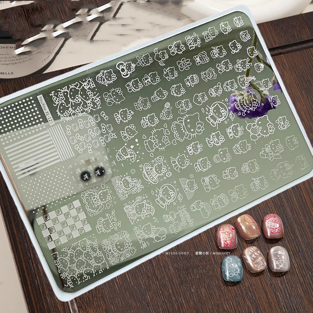 5D dibujos animados Hello kitty Nail Art placa de estampado pegatina lindo arco Kitty diseño grande plantilla de sello de impresión inoxidable herramientas de uñas - VibraStore