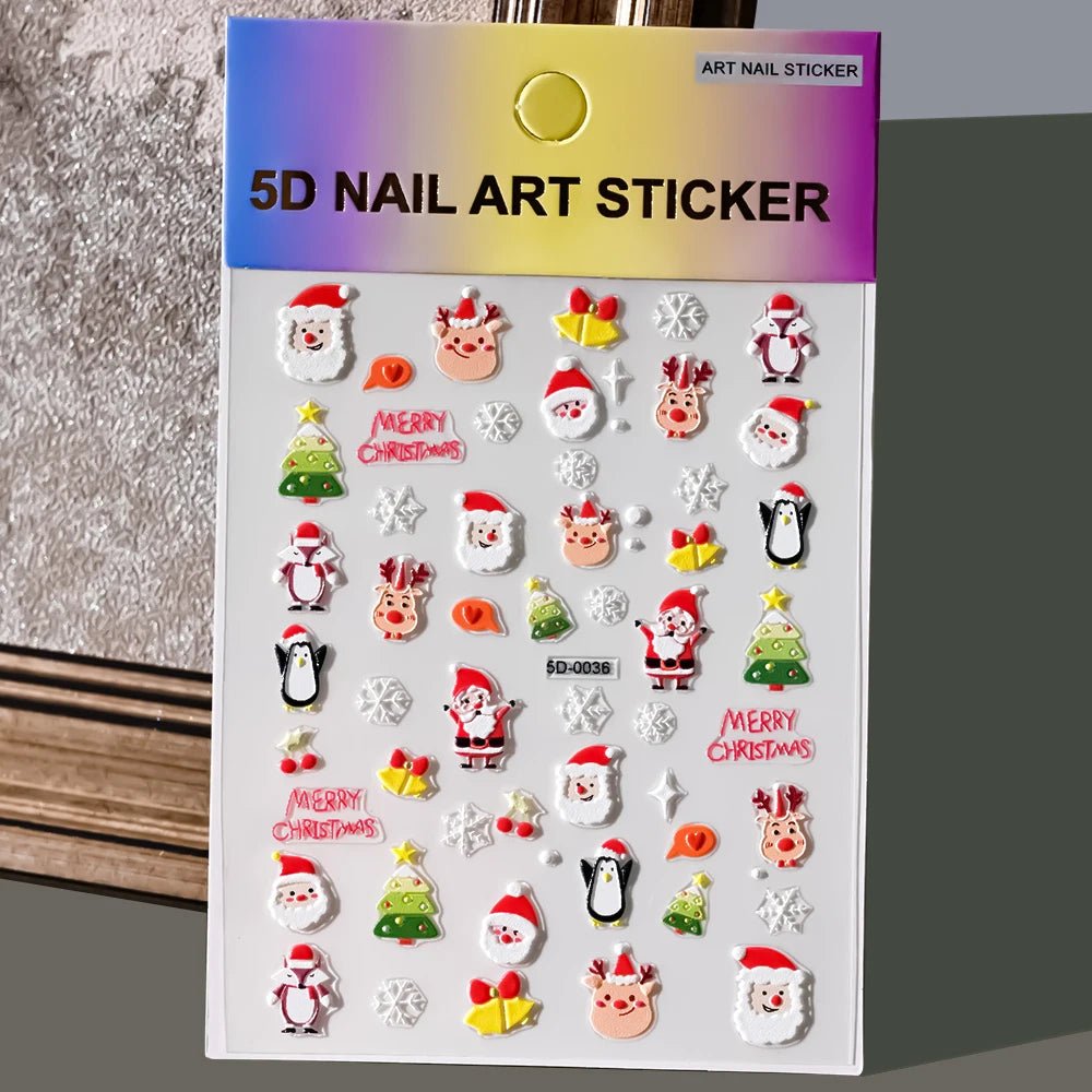 5D Navidad en relieve Nail Art pegatina copo de nieve Santa Claus adhesivo deslizante Año nuevo uñas calcomanías tallado manicura decoraciones y  Navidad - VibraStore