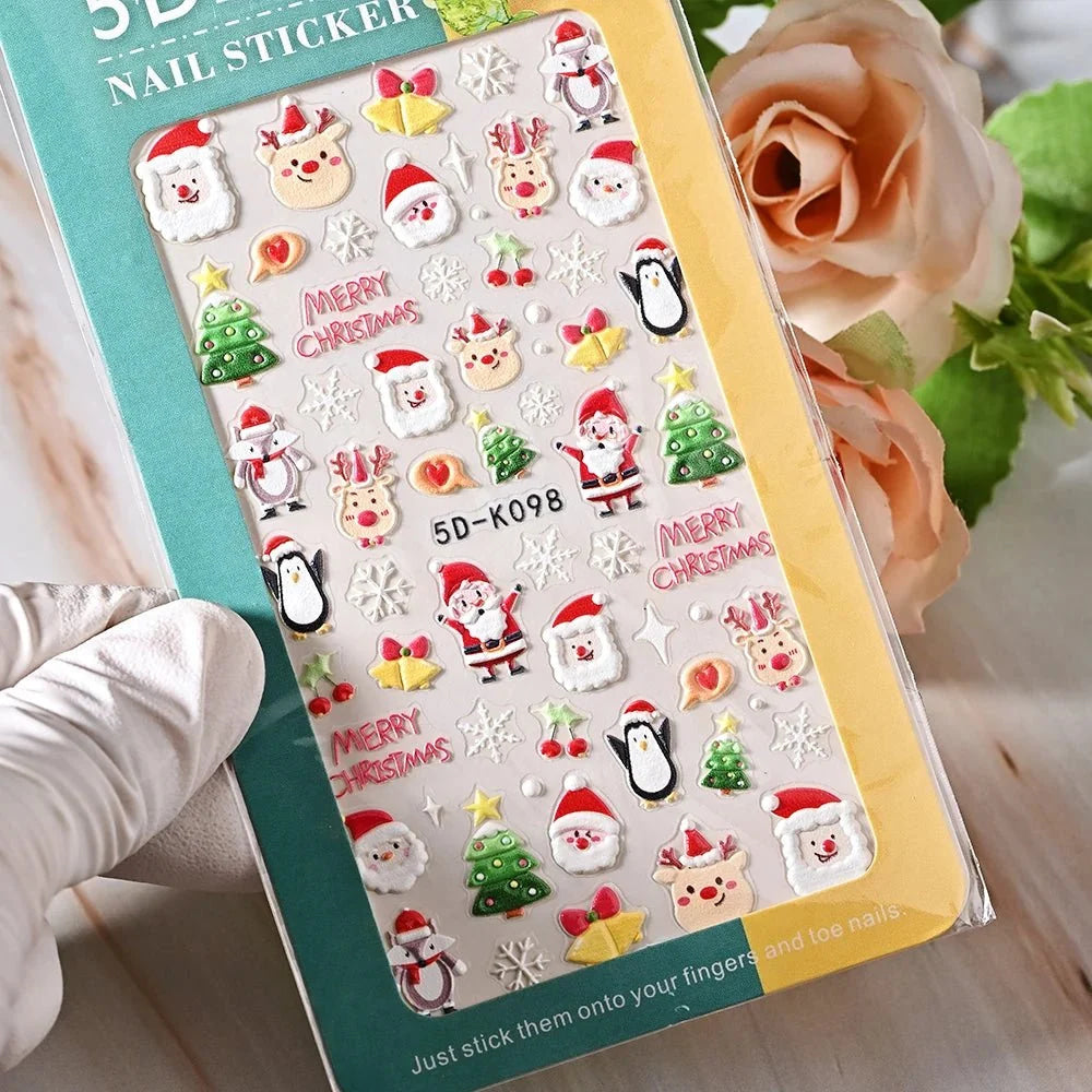5D Navidad en relieve Nail Art pegatina copo de nieve Santa Claus adhesivo deslizante Año nuevo uñas calcomanías tallado manicura decoraciones y  Navidad - VibraStore