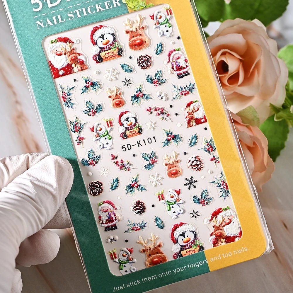 5D Navidad en relieve Nail Art pegatina copo de nieve Santa Claus adhesivo deslizante Año nuevo uñas calcomanías tallado manicura decoraciones y  Navidad - VibraStore