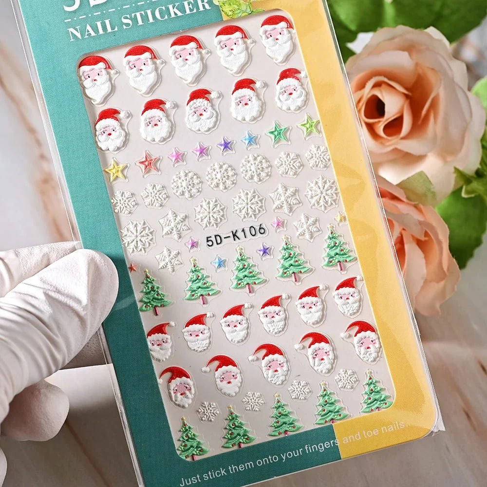 5D Navidad en relieve Nail Art pegatina copo de nieve Santa Claus adhesivo deslizante Año nuevo uñas calcomanías tallado manicura decoraciones y  Navidad - VibraStore