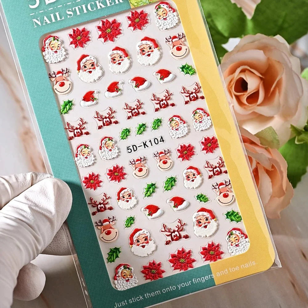 5D Navidad en relieve Nail Art pegatina copo de nieve Santa Claus adhesivo deslizante Año nuevo uñas calcomanías tallado manicura decoraciones y  Navidad - VibraStore