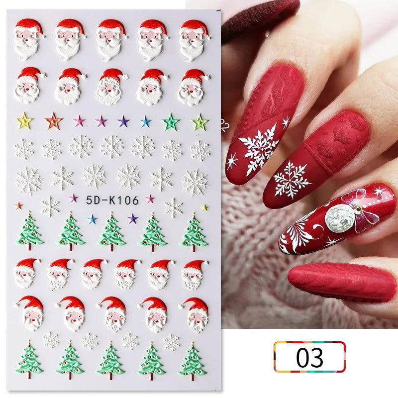 5D Navidad en relieve Nail Art pegatina copo de nieve Santa Claus adhesivo deslizante Año nuevo uñas calcomanías tallado manicura decoraciones y  Navidad - VibraStore