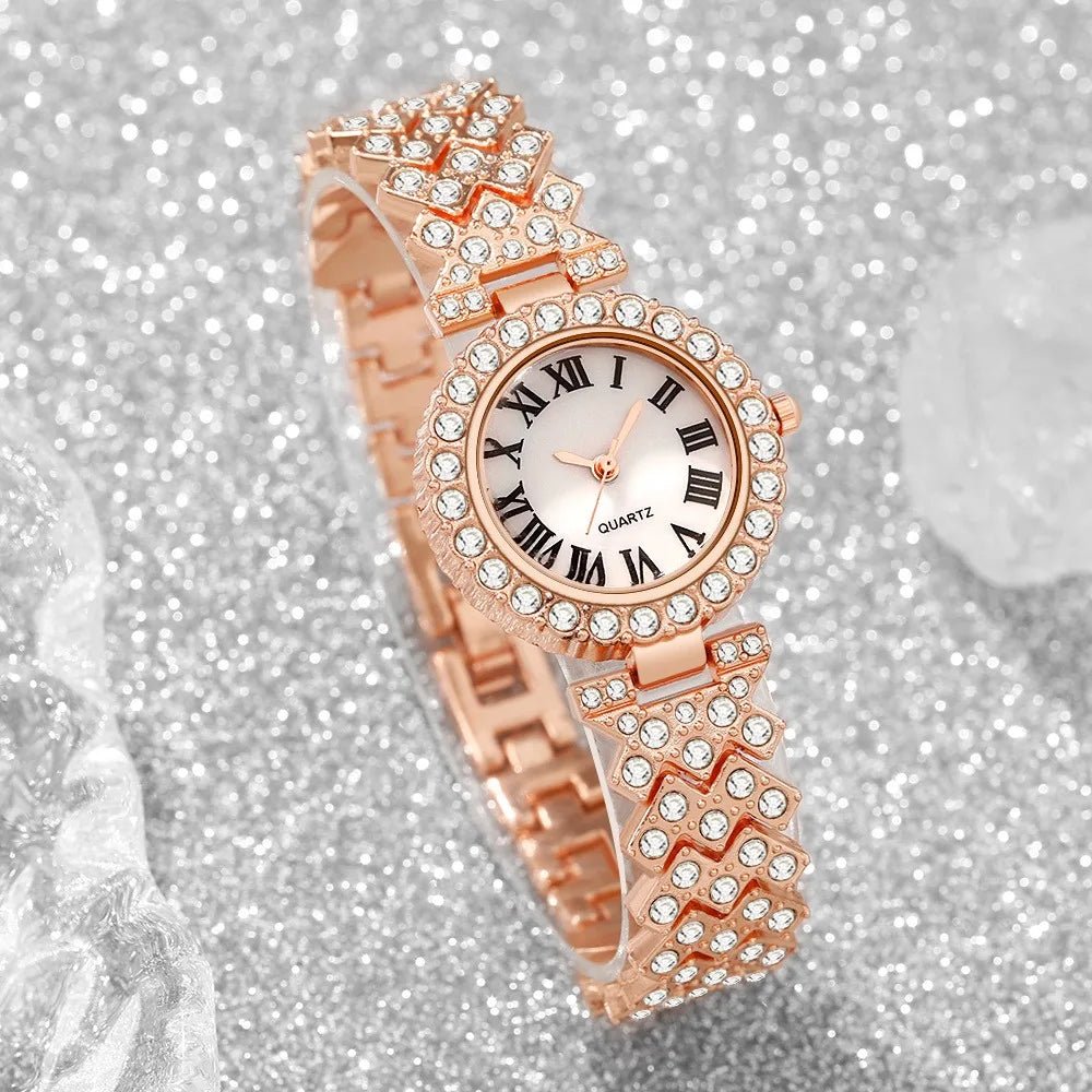 5pcs Elegant Rhinestone Women Watches Fashion Roma Dial Bracelet Band Quartz Wristwatch Jewelry Set Reloj Mujer（Without Box） - VibraStore