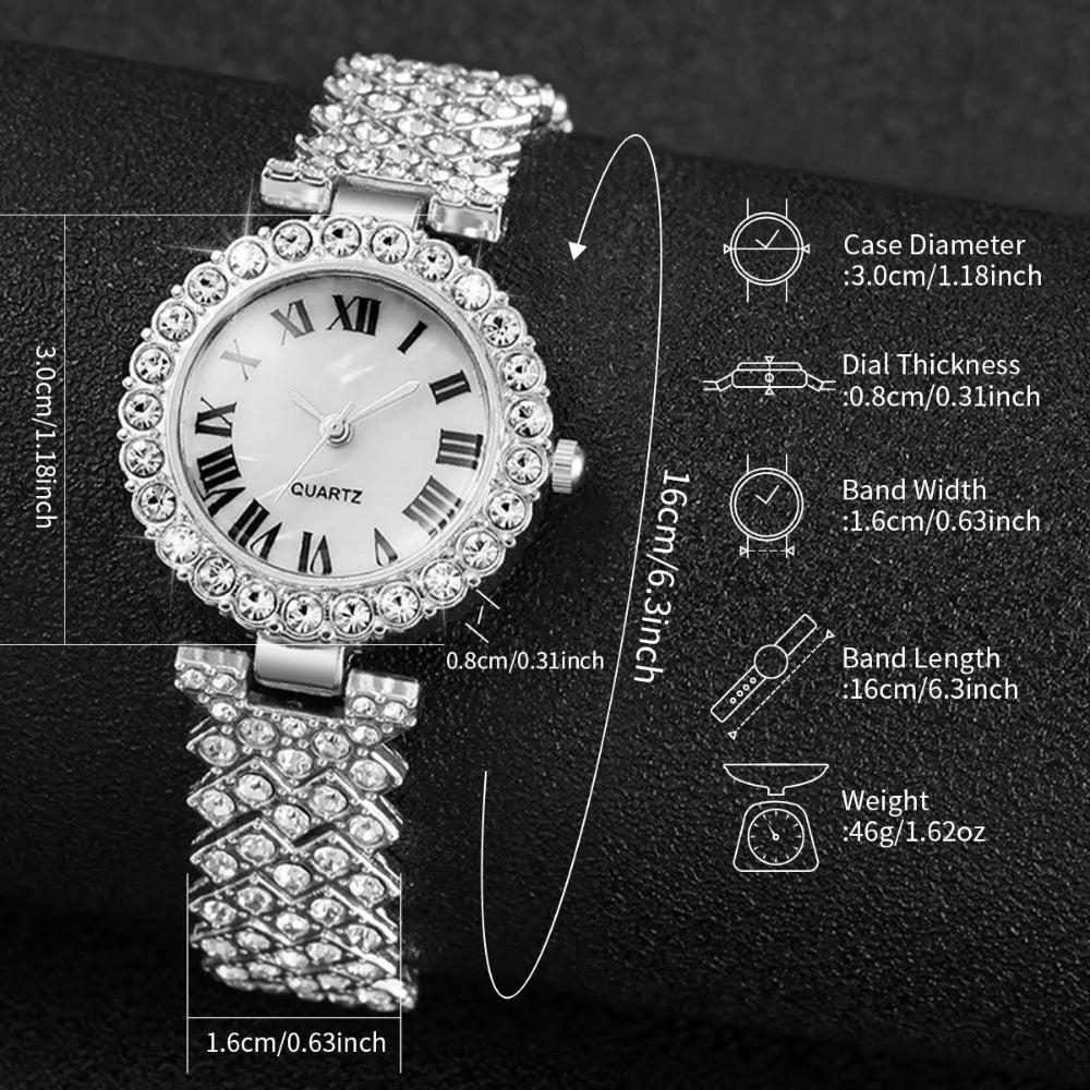 5pcs Elegant Rhinestone Women Watches Fashion Roma Dial Bracelet Band Quartz Wristwatch Jewelry Set Reloj Mujer（Without Box） - VibraStore