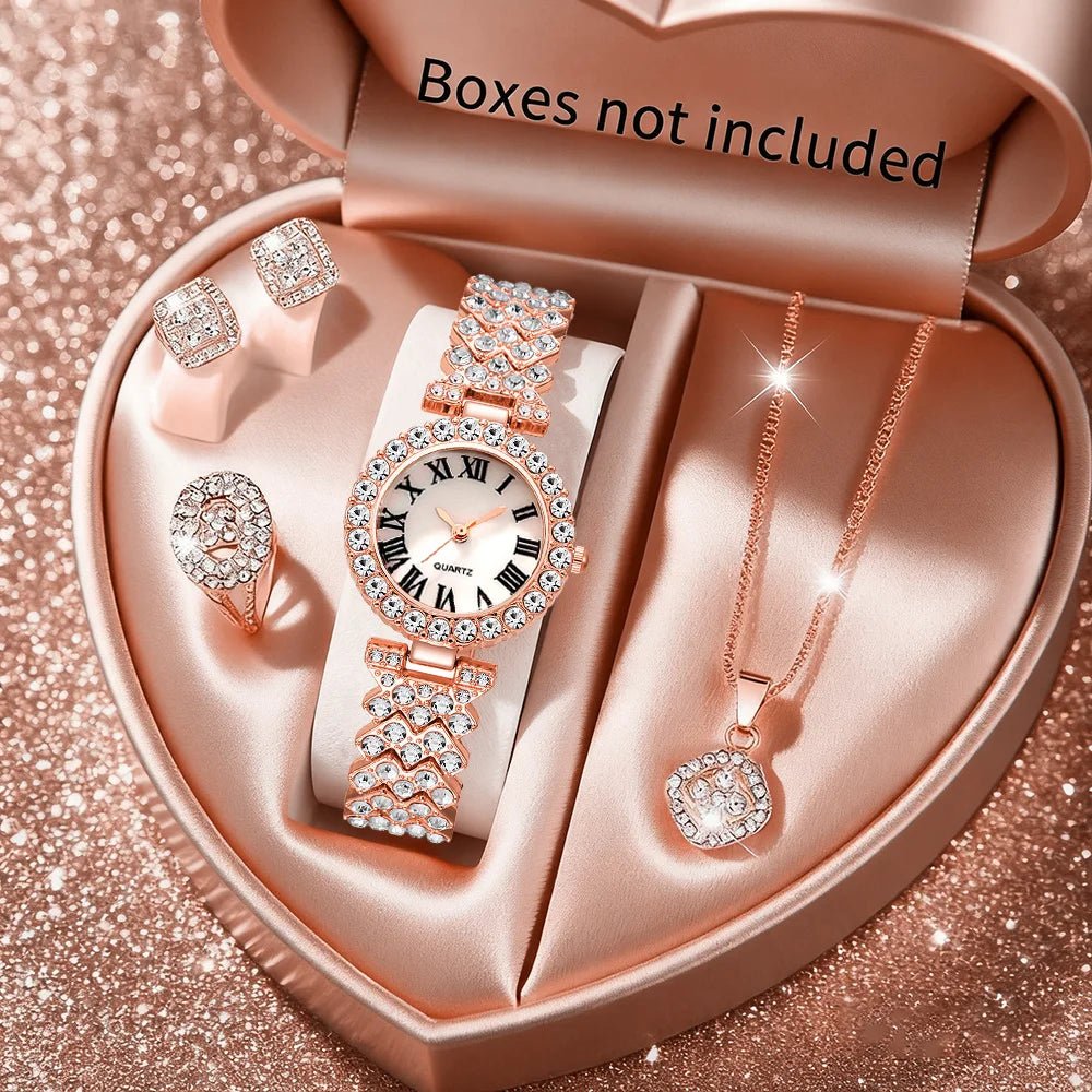 5pcs Elegant Rhinestone Women Watches Fashion Roma Dial Bracelet Band Quartz Wristwatch Jewelry Set Reloj Mujer（Without Box） - VibraStore