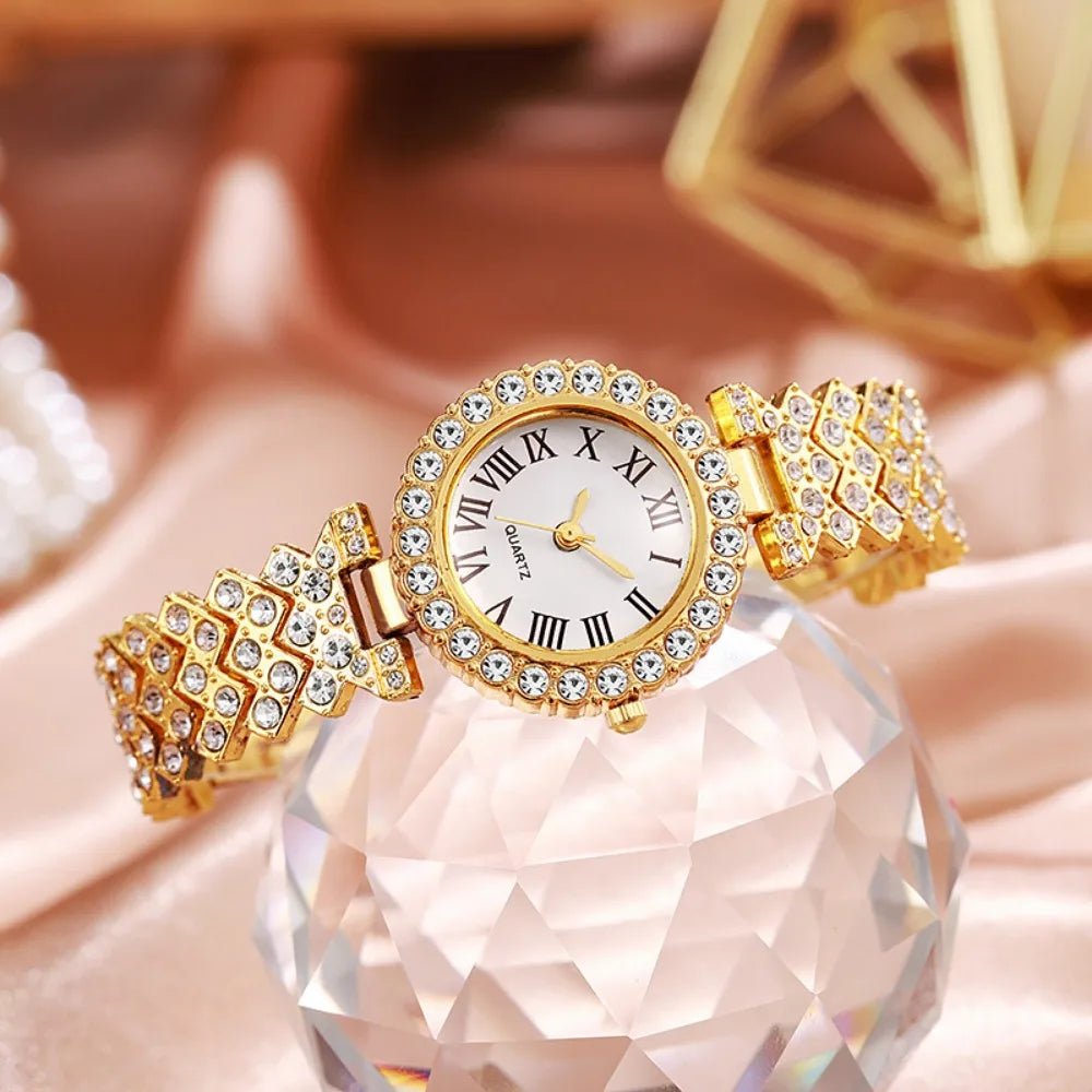 5pcs Elegant Rhinestone Women Watches Fashion Roma Dial Bracelet Band Quartz Wristwatch Jewelry Set Reloj Mujer（Without Box） - VibraStore