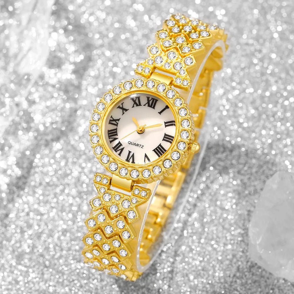 5pcs Elegant Rhinestone Women Watches Fashion Roma Dial Bracelet Band Quartz Wristwatch Jewelry Set Reloj Mujer（Without Box） - VibraStore