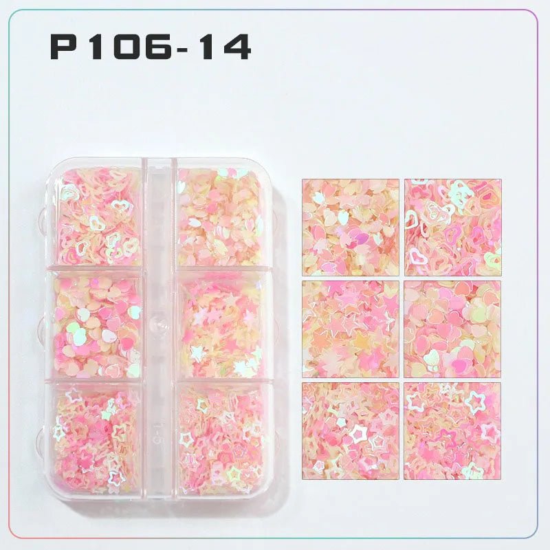 6 rejillas/juego de lentejuelas con purpurina para uñas, flor brillante, mariposa, corazón, pegatinas con purpurina para uñas para niñas, decoración artística para manicura DIY - VibraStore