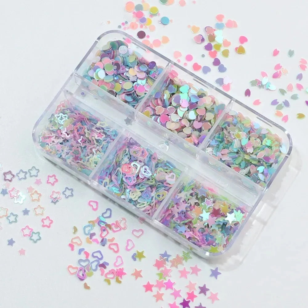 6 rejillas/juego de lentejuelas con purpurina para uñas, flor brillante, mariposa, corazón, pegatinas con purpurina para uñas para niñas, decoración artística para manicura DIY - VibraStore