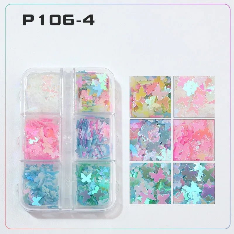 6 rejillas/juego de lentejuelas con purpurina para uñas, flor brillante, mariposa, corazón, pegatinas con purpurina para uñas para niñas, decoración artística para manicura DIY - VibraStore