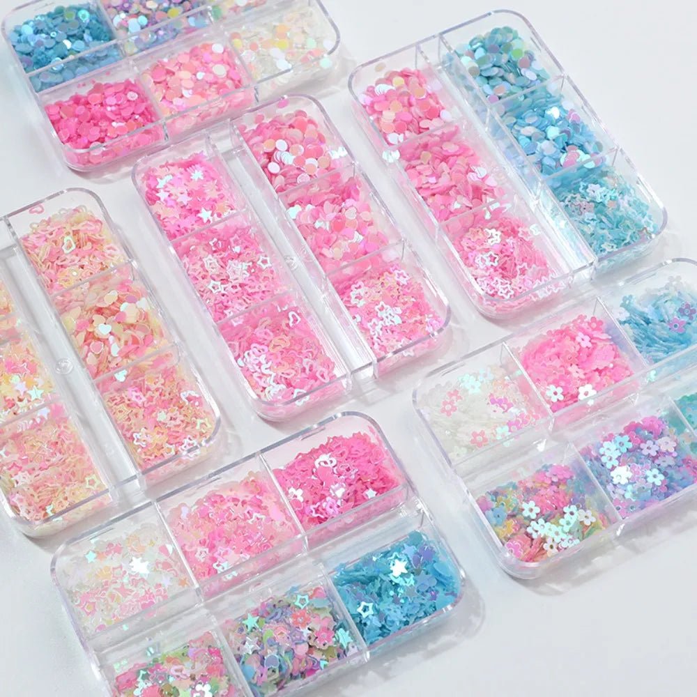 6 rejillas/juego de lentejuelas con purpurina para uñas, flor brillante, mariposa, corazón, pegatinas con purpurina para uñas para niñas, decoración artística para manicura DIY - VibraStore