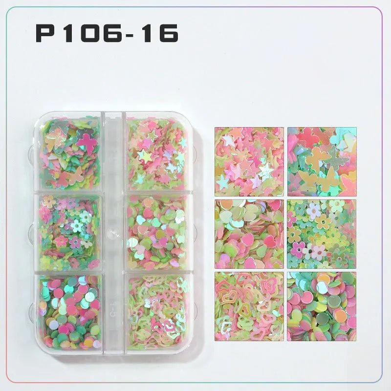 6 rejillas/juego de lentejuelas con purpurina para uñas, flor brillante, mariposa, corazón, pegatinas con purpurina para uñas para niñas, decoración artística para manicura DIY - VibraStore