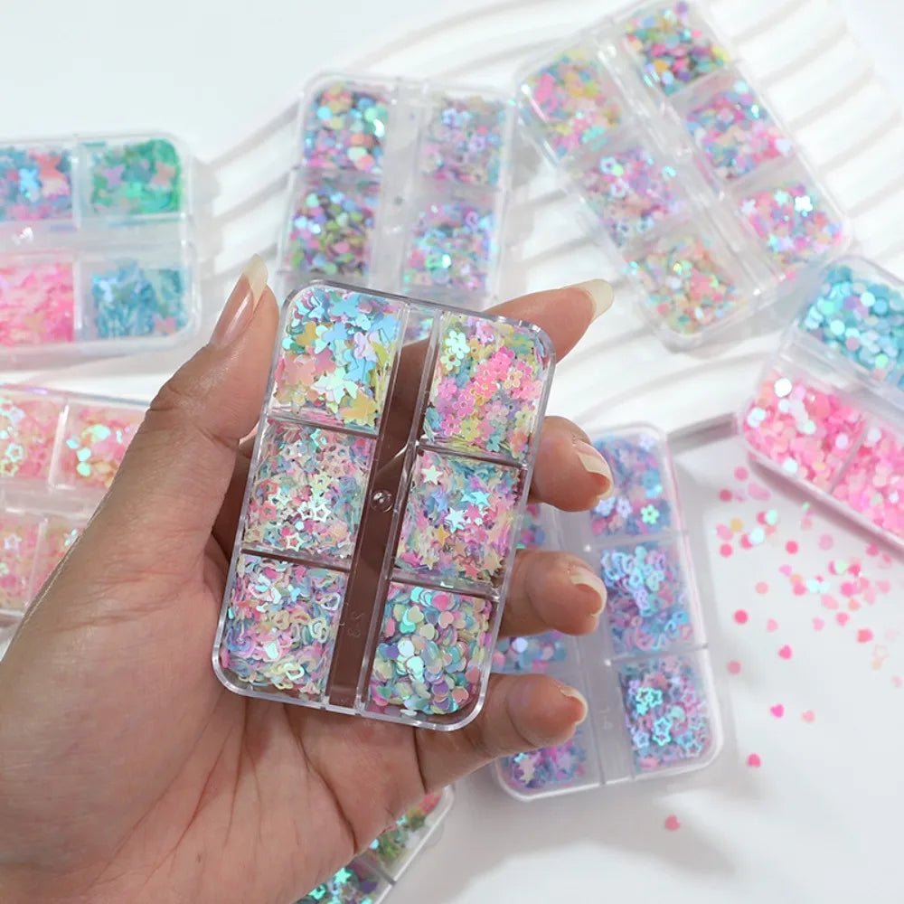 6 rejillas/juego de lentejuelas con purpurina para uñas, flor brillante, mariposa, corazón, pegatinas con purpurina para uñas para niñas, decoración artística para manicura DIY - VibraStore