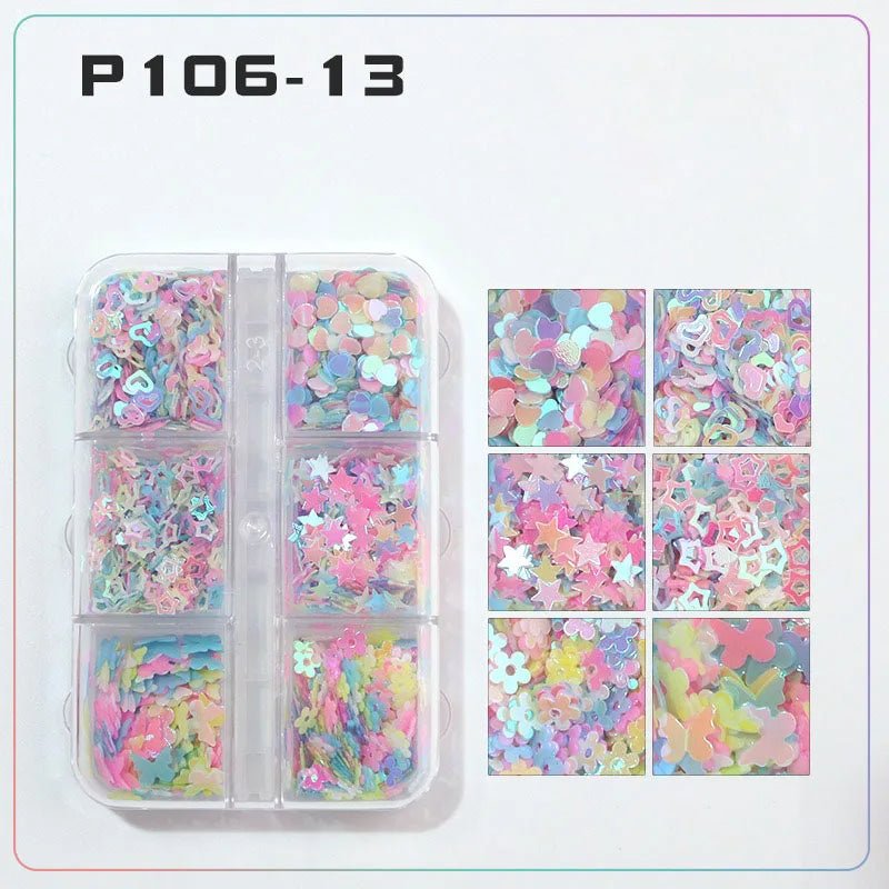 6 rejillas/juego de lentejuelas con purpurina para uñas, flor brillante, mariposa, corazón, pegatinas con purpurina para uñas para niñas, decoración artística para manicura DIY - VibraStore