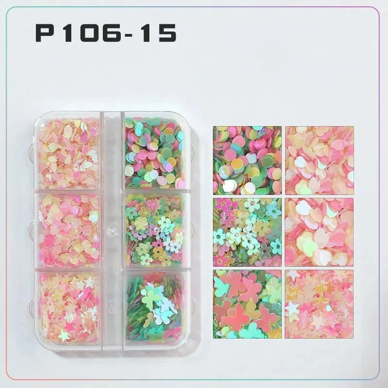 6 rejillas/juego de lentejuelas con purpurina para uñas, flor brillante, mariposa, corazón, pegatinas con purpurina para uñas para niñas, decoración artística para manicura DIY - VibraStore
