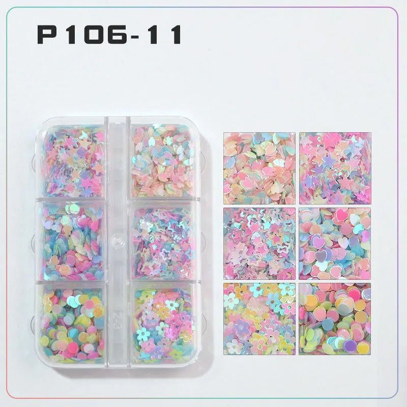 6 rejillas/juego de lentejuelas con purpurina para uñas, flor brillante, mariposa, corazón, pegatinas con purpurina para uñas para niñas, decoración artística para manicura DIY - VibraStore