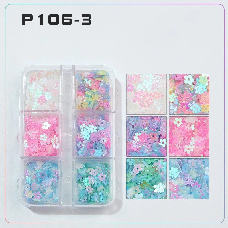 6 rejillas/juego de lentejuelas con purpurina para uñas, flor brillante, mariposa, corazón, pegatinas con purpurina para uñas para niñas, decoración artística para manicura DIY - VibraStore