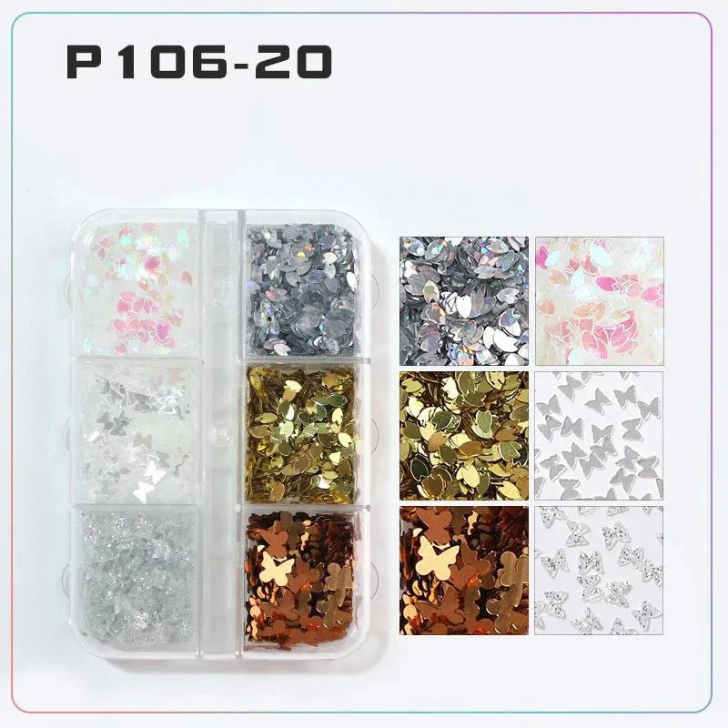 6 rejillas/juego de lentejuelas con purpurina para uñas, flor brillante, mariposa, corazón, pegatinas con purpurina para uñas para niñas, decoración artística para manicura DIY - VibraStore