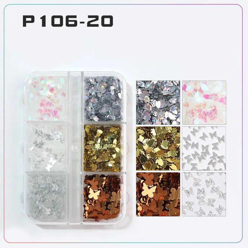 6 rejillas/juego de lentejuelas con purpurina para uñas, flor brillante, mariposa, corazón, pegatinas con purpurina para uñas para niñas, decoración artística para manicura DIY - VibraStore