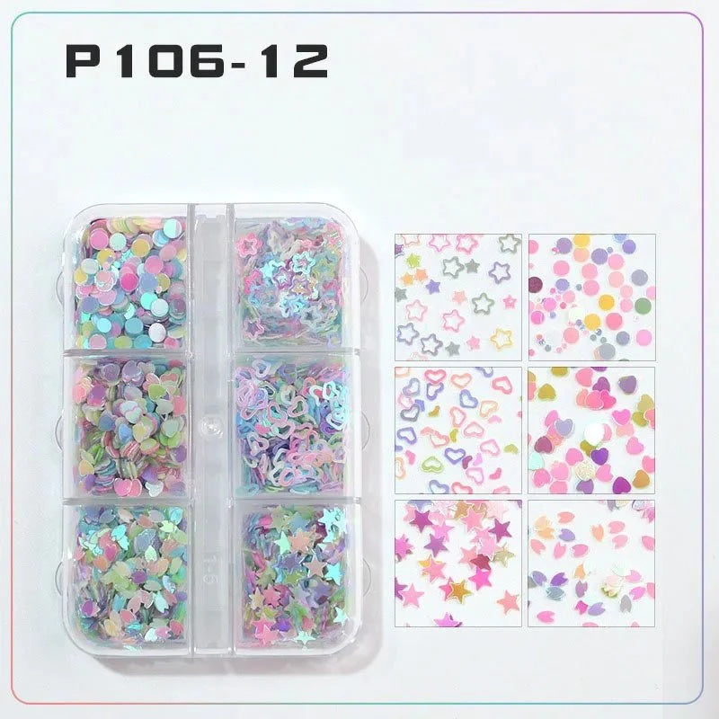 6 rejillas/juego de lentejuelas con purpurina para uñas, flor brillante, mariposa, corazón, pegatinas con purpurina para uñas para niñas, decoración artística para manicura DIY - VibraStore