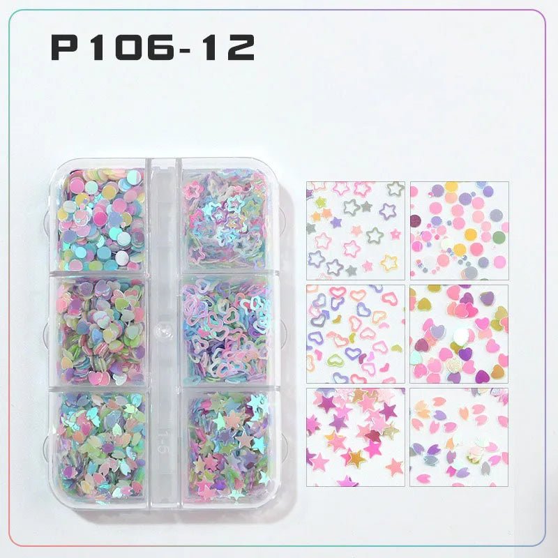 6 rejillas/juego de lentejuelas con purpurina para uñas, flor brillante, mariposa, corazón, pegatinas con purpurina para uñas para niñas, decoración artística para manicura DIY - VibraStore