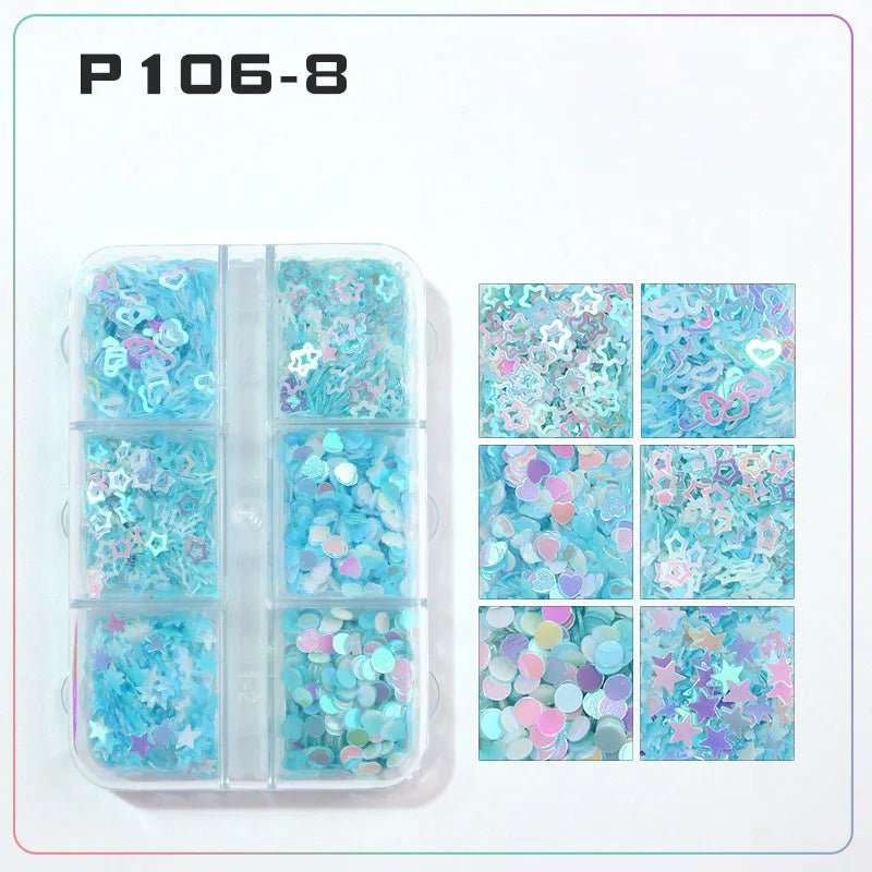 6 rejillas/juego de lentejuelas con purpurina para uñas, flor brillante, mariposa, corazón, pegatinas con purpurina para uñas para niñas, decoración artística para manicura DIY - VibraStore