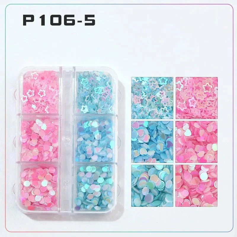 6 rejillas/juego de lentejuelas con purpurina para uñas, flor brillante, mariposa, corazón, pegatinas con purpurina para uñas para niñas, decoración artística para manicura DIY - VibraStore