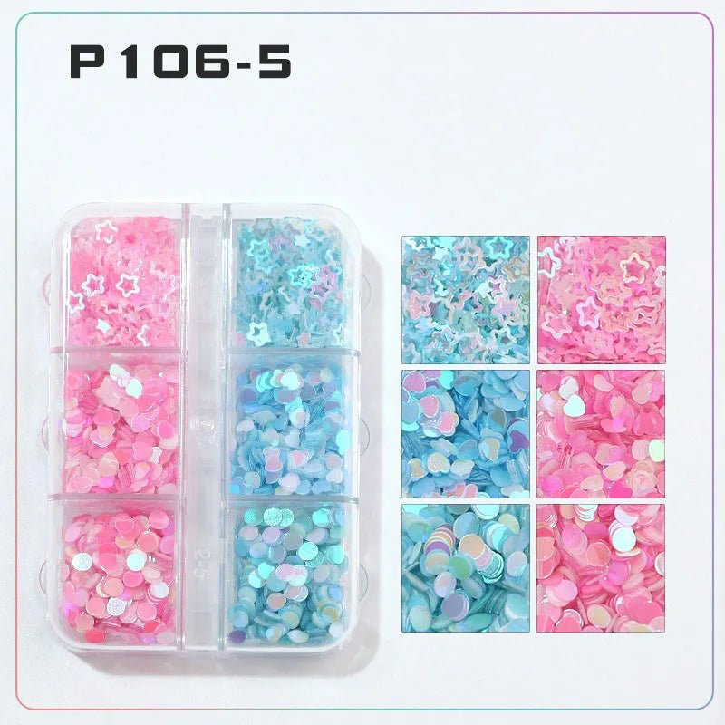 6 rejillas/juego de lentejuelas con purpurina para uñas, flor brillante, mariposa, corazón, pegatinas con purpurina para uñas para niñas, decoración artística para manicura DIY - VibraStore