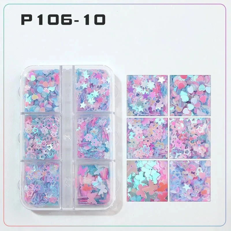 6 rejillas/juego de lentejuelas con purpurina para uñas, flor brillante, mariposa, corazón, pegatinas con purpurina para uñas para niñas, decoración artística para manicura DIY - VibraStore