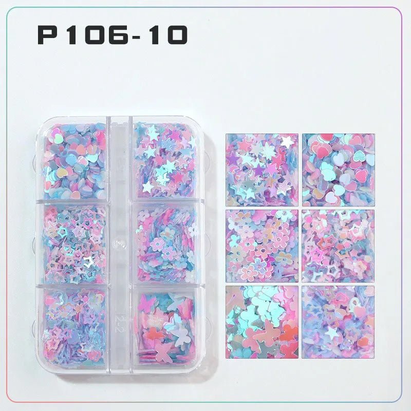 6 rejillas/juego de lentejuelas con purpurina para uñas, flor brillante, mariposa, corazón, pegatinas con purpurina para uñas para niñas, decoración artística para manicura DIY - VibraStore