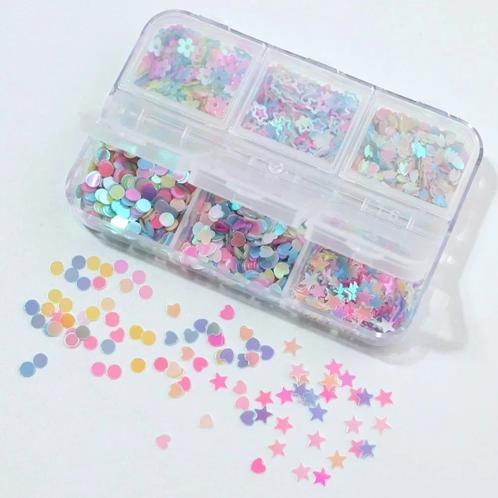 6 rejillas/juego de lentejuelas con purpurina para uñas, flor brillante, mariposa, corazón, pegatinas con purpurina para uñas para niñas, decoración artística para manicura DIY - VibraStore