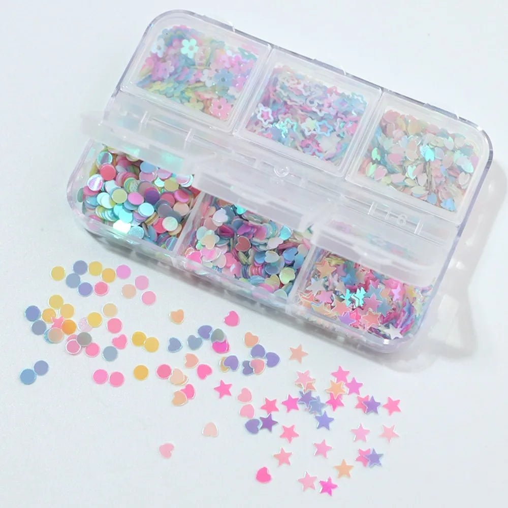 6 rejillas/juego de lentejuelas con purpurina para uñas, flor brillante, mariposa, corazón, pegatinas con purpurina para uñas para niñas, decoración artística para manicura DIY - VibraStore