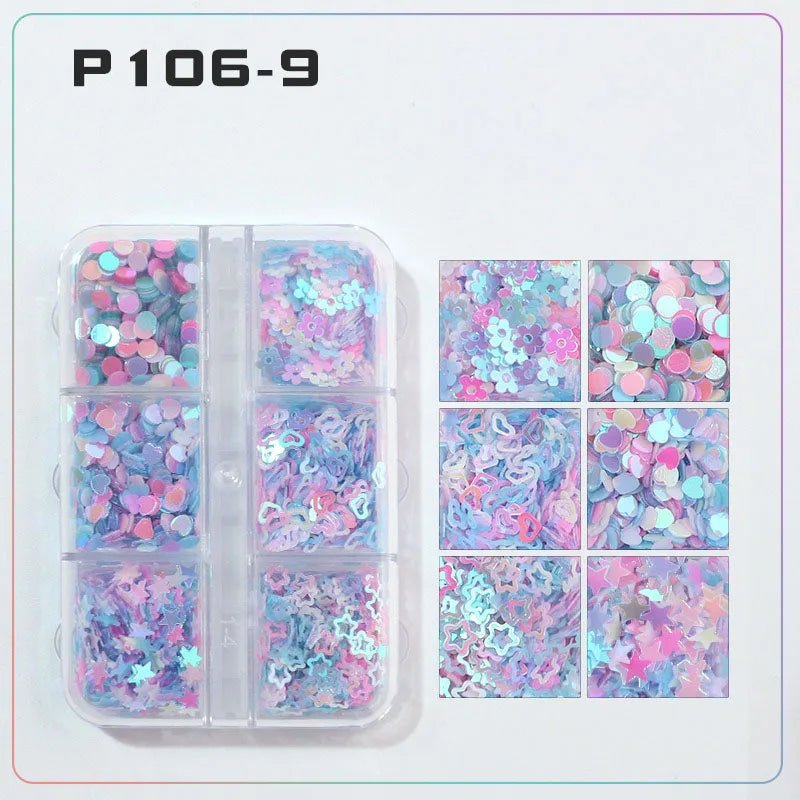 6 rejillas/juego de lentejuelas con purpurina para uñas, flor brillante, mariposa, corazón, pegatinas con purpurina para uñas para niñas, decoración artística para manicura DIY - VibraStore