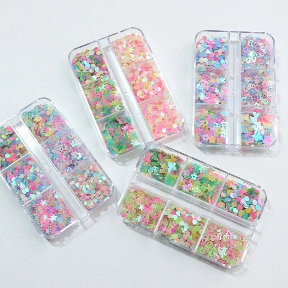 6 rejillas/juego de lentejuelas con purpurina para uñas, flor brillante, mariposa, corazón, pegatinas con purpurina para uñas para niñas, decoración artística para manicura DIY - VibraStore