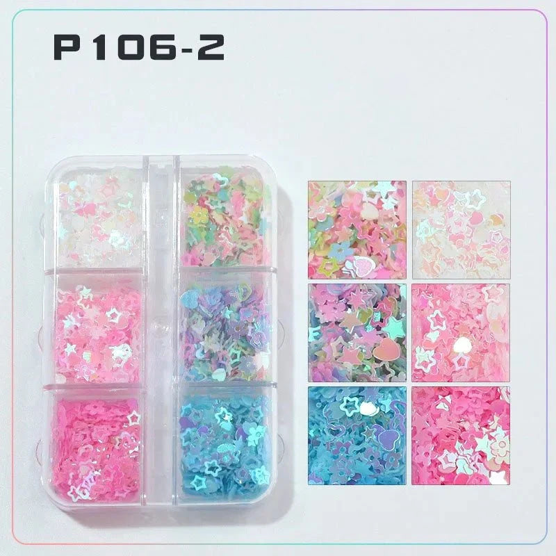 6 rejillas/juego de lentejuelas con purpurina para uñas, flor brillante, mariposa, corazón, pegatinas con purpurina para uñas para niñas, decoración artística para manicura DIY - VibraStore