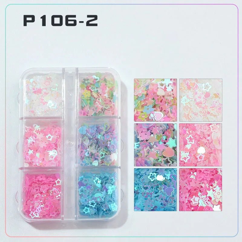 6 rejillas/juego de lentejuelas con purpurina para uñas, flor brillante, mariposa, corazón, pegatinas con purpurina para uñas para niñas, decoración artística para manicura DIY - VibraStore