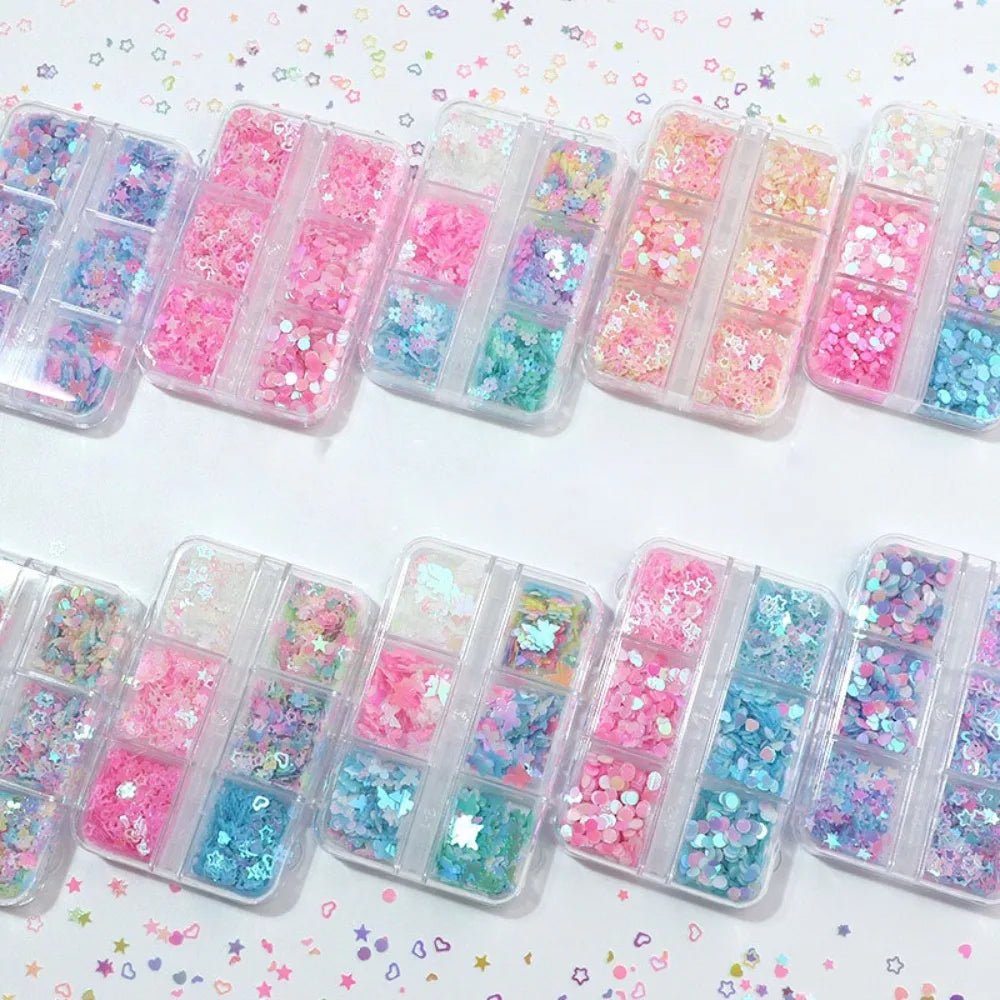 6 rejillas/juego de lentejuelas con purpurina para uñas, flor brillante, mariposa, corazón, pegatinas con purpurina para uñas para niñas, decoración artística para manicura DIY - VibraStore