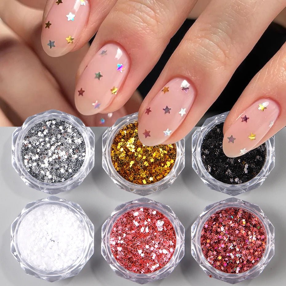 6 uds Y2K pequeña estrella decoración de uñas escamas dorado plateado rosa pequeño Mini pentagrama uñas Seqiuns holográfico brillo diseño decoraciones - VibraStore