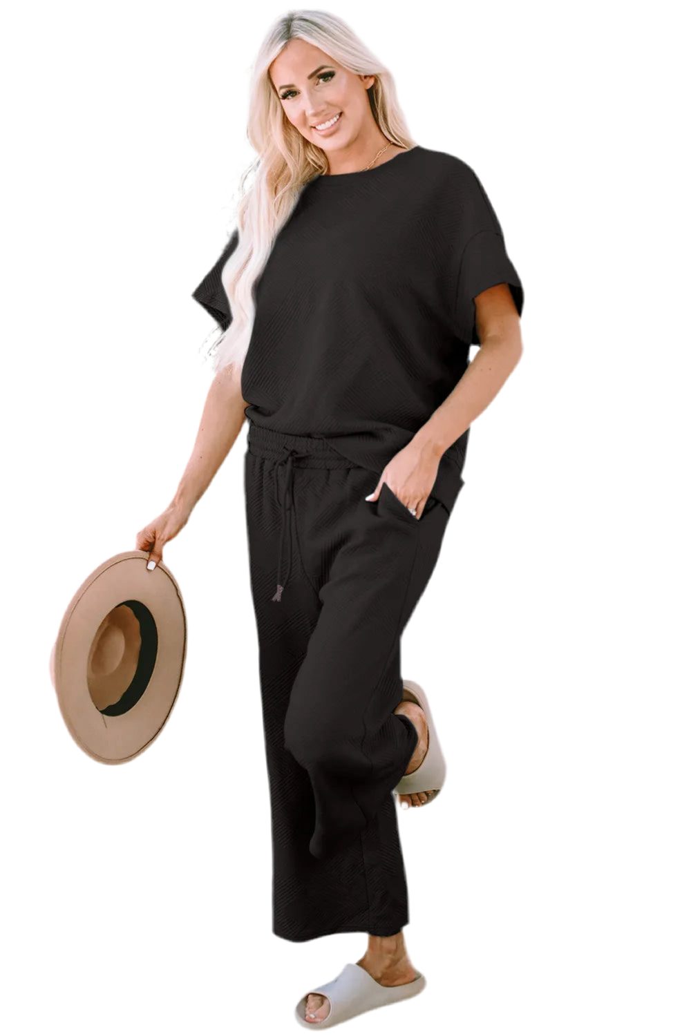 Double Take Full Size Texture Short Sleeve Top and Pants Set