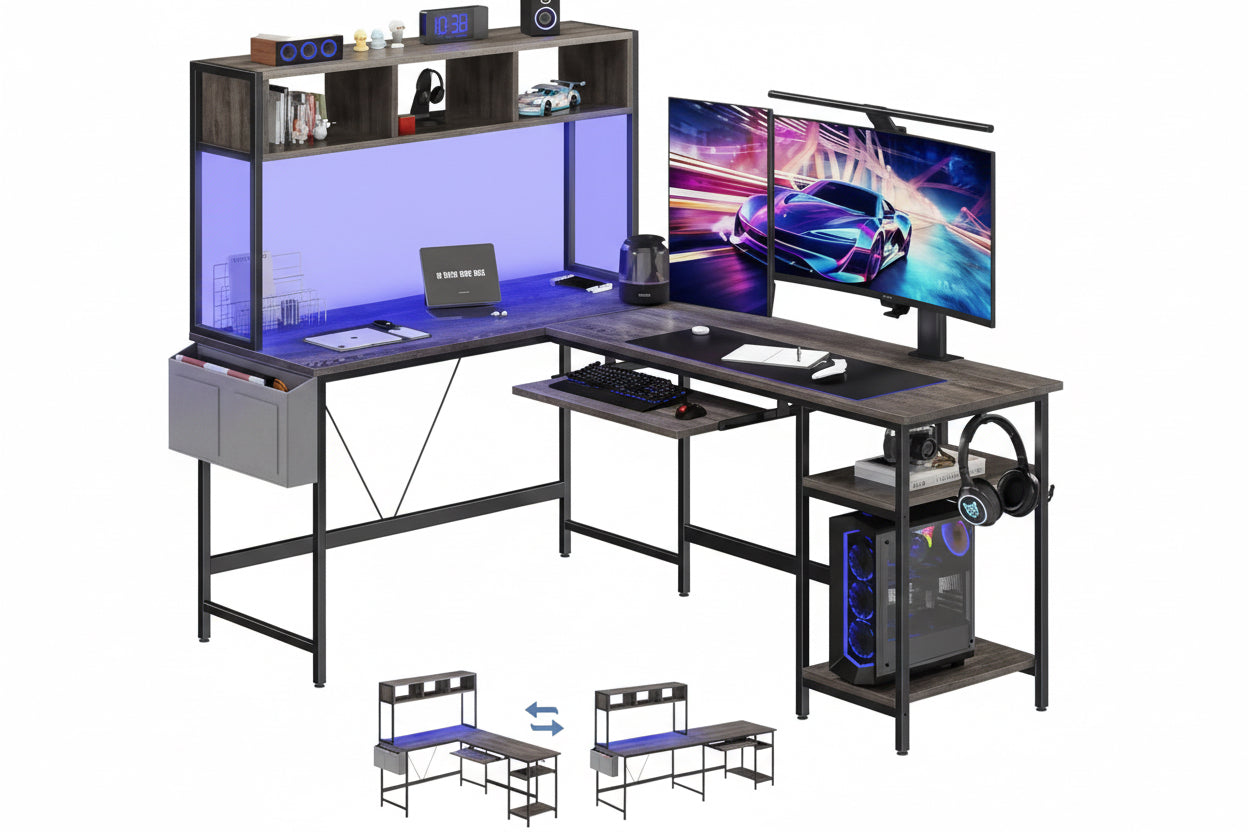 L Shaped Gaming Desk 67, Reversible Computer Desks With Led Lights Corner Table With Keyboard Tray Side Bag Storage Shelf Metal Frame